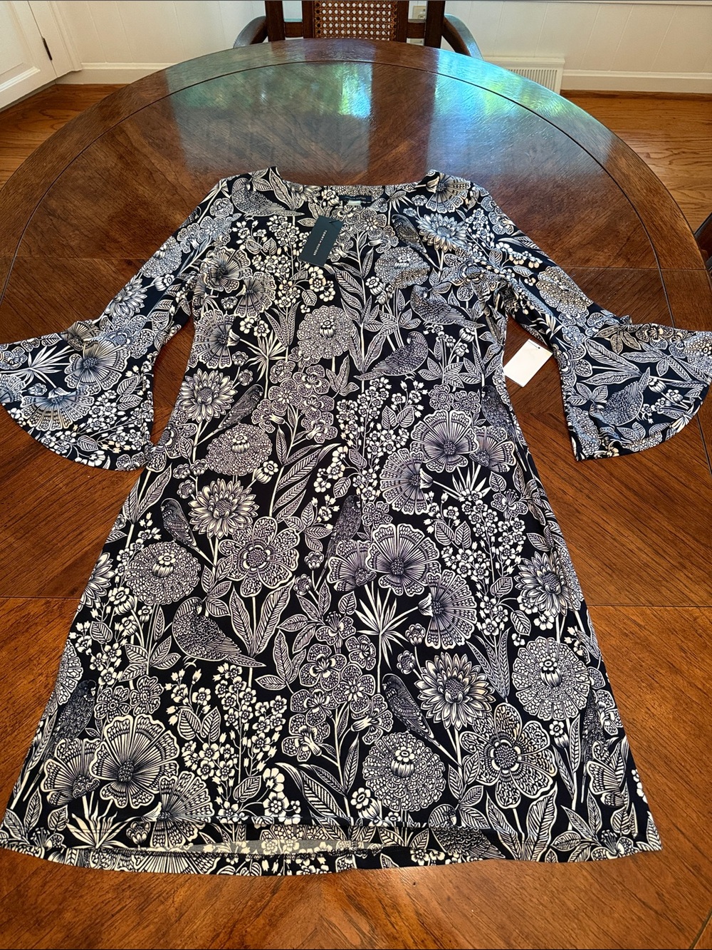 Tommy Hilfiger Navy and White Floral Bell-Sleeve Dress